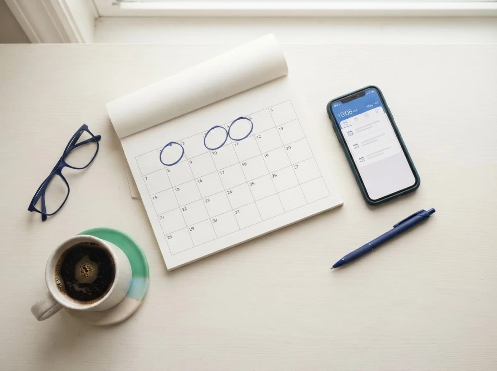 Mesa com calendário de papel com prazos circulados, celular com a agenda, óculos, caneta e café